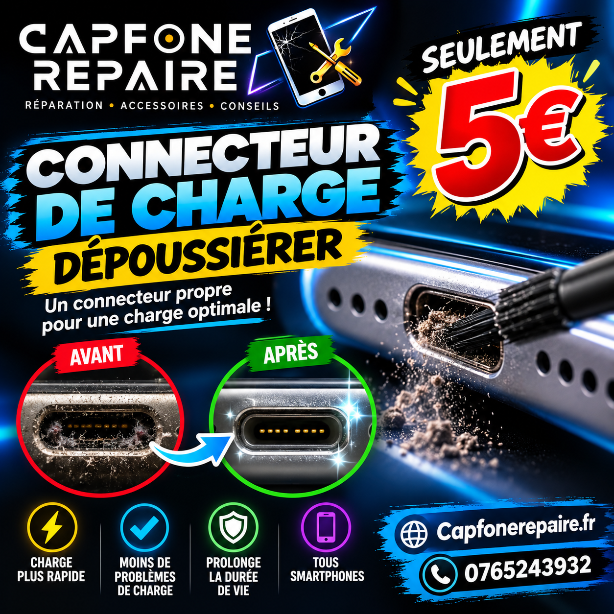 Nettoyage du connecteur de charge de smartphone à 5 euros à Isbergues